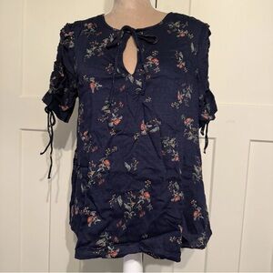 Dainty Navy Floral Blouse Cottagecore Prairie Peasant Coquette